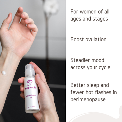 Matriarch Balance Cream 20 on an inner forearm next to the text: For women of all ages and stages. Boost ovulation. Steadier mood across your cycle. Better sleep and fewer hot flashes in perimenopause.