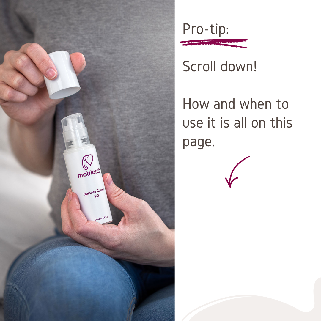 Woman opening a bottle of Matriarch Balance Cream 20, with the text "Pro-tip: Scroll down! How and when to use it is all on this page."