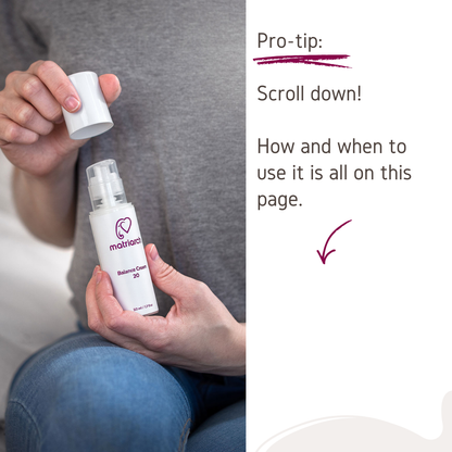 Woman opening a bottle of Matriarch Balance Cream 20, with the text "Pro-tip: Scroll down! How and when to use it is all on this page."